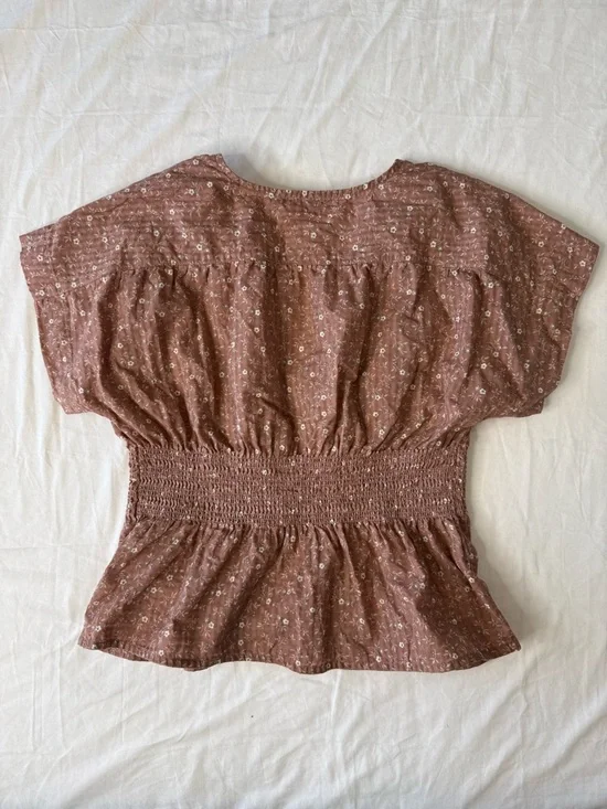 Madewell XXS Brown Floral Printed Smocked Peplum Blouse V-Neck  Top Boho - Picture 6 of 8